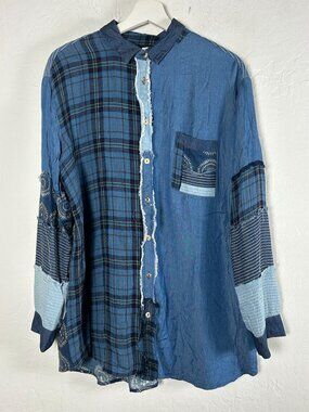 Johnny Was Womens Indigo Mixup Raw Edge Shirt Medium Button Up Long Sleeve Boho